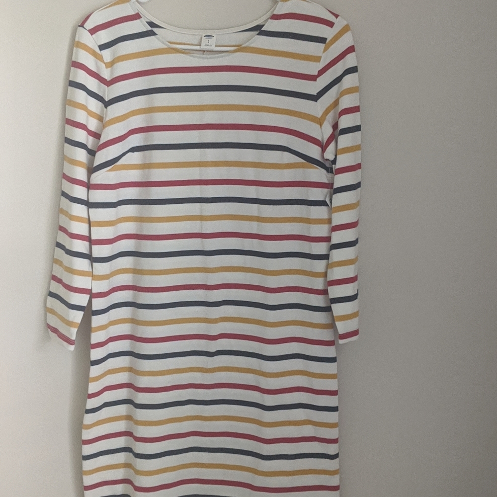 Red, yellow, and blue striped dress